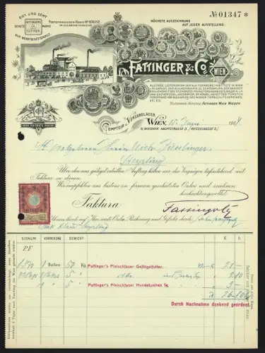 Rechnung Wien 1904, Fattinger & Co., Lieferanten der K.u.K. Tierarztinstitute, Fabrikanlage mit Schornsteinen