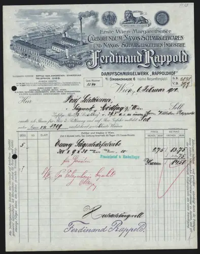 Rechnung Wien 1912, Ferdinand Rappold, Carborundum-Naxos-Schmirgelwaren, Vogelschau auf die Fabrik
