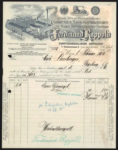 Rechnung Wien 1910, Ferdinand Rappold, Carborundum-Naxos-Schmirgelwaren, Vogelschau auf die Fabrik