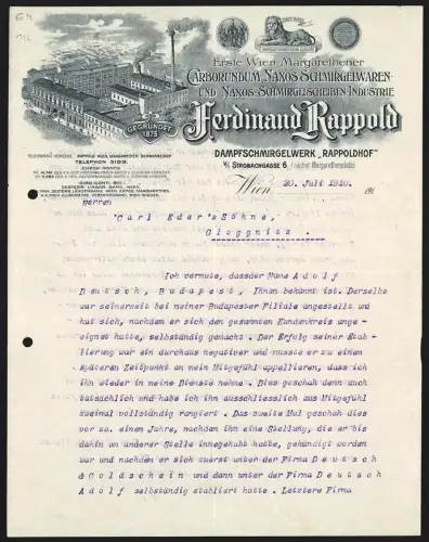 Briefkopf Wien 1910, Ferdinand Rappold, Carborundum-Naxos-Schmirgelwaren, Vogelschau auf die Fabrik