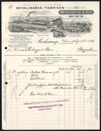 Rechnung Wien 1909, Wiktorin & Co., Metallwaren-Fabriken, Vogelschau auf Fabriken und Umgebung