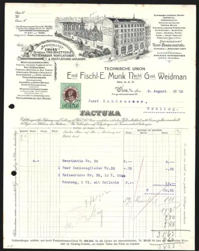 Rechnung Wien 1912, Emil Fischl & E. Munk, Zerlegbare Treibketten & Kettenräder, Fabrikanlage mit Strassenpartie