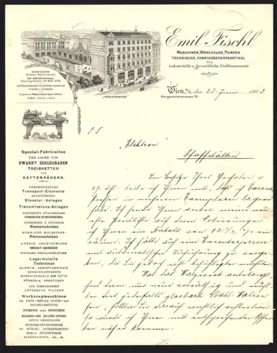 Briefkopf Wien 1903, Emil Fischl, Maschinen, Werkzeuge, Pumpen, Industriehof aus der Vogelschau