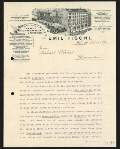 Briefkopf Wien 1901, Emil Fischl, Zerlegbare Treibketten & Kettenräder, Industriehof aus der Vogelschau