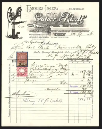Rechnung Wien 1906, Leutner & Riedl, Fabrik für Eisenwaren, Werkzeuge und Maschinen, Abbildung einer Maschine