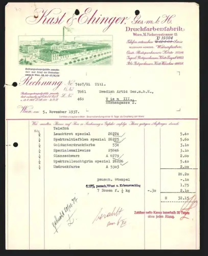 Rechnung Wien 1937, Kast & Ehinger, Druckfarbenfabrik, Fabrikanlage mit Schornsteinen aus der Vogelschau