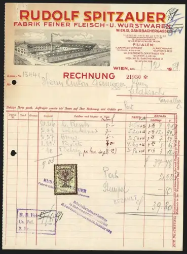 Rechnung Wien 1938, Rudolf Spitzauer, Fabrik feiner Fleisch- u. Wurstwaren, Gänsbachergasse 2, Fabrik aus der Vogelschau