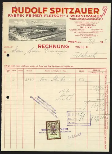 Rechnung Wien 1931, Rudolf Spitzauer, Fabrik feiner Fleisch- u. Wurstwaren, Gänsbachergasse 2, Fabrik aus der Vogelschau