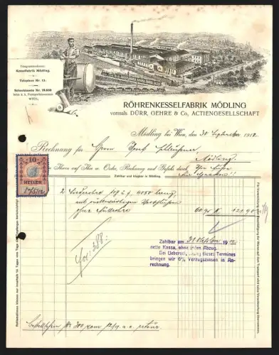 Rechnung Mödling bei Wien 1912, Röhrenkesselfabrik, Vogelschau auf Fabrik und Umgebung