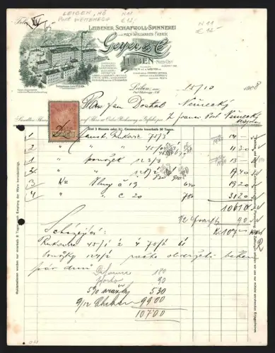 Rechnung Leiben 1908, Geyer & Co., Schafwoll-Spinnerei, Vogelschau auf die Fabrik mit Schornstein