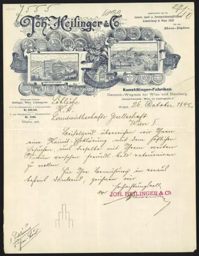 Briefkopf Wien 1899, Joh. Heilinger & Co., Kunstdünger-Fabriken, Vogelschau auf die Fabriken