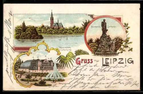 Lithographie Leipzig, Johannapark mit Lutherkirche, Bismarck-Denkmal, Palmengarten