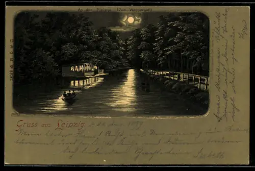 Mondschein-Lithographie Leipzig, Gasthaus Zum Wassergott an der Pleisse