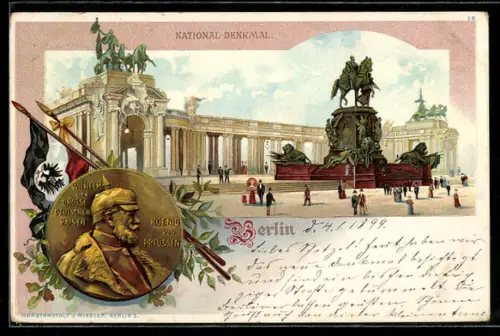 Lithographie Berlin, National Denkmal, Wilhelm, König von Preussen, mit Fahne