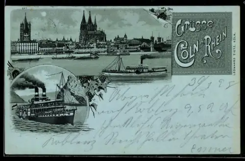 Mondschein-Lithographie Köln a. Rhein, Uferpartie mit Dom, Dampfer in Fahrt