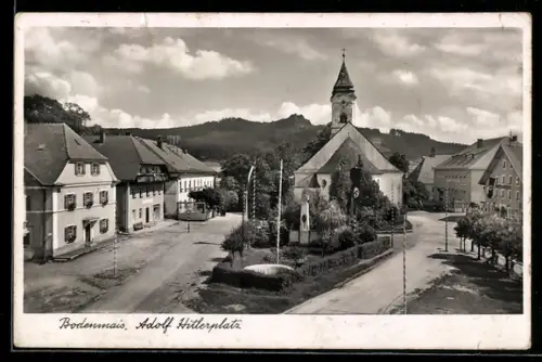 AK Bodenmais /Bayer. Wald, platz mit Kriegerdenkmal, Kirche
