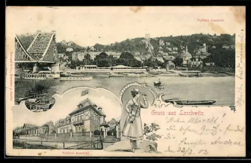 Künstler-AK Dresden-Loschwitz, Teilansicht mit Brücke, Gasthaus Schöne Aussicht, Touristin mit Fernglas