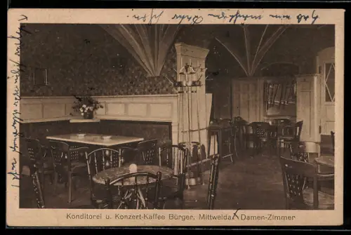 AK Mittweida, Konditorei und Konzert-Cafe Bürger, Damen-Zimmer, Innenansicht