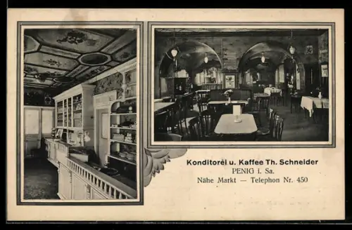 AK Penig i. Sa., Konditorei u. Kaffee Th. Schneider, Nähe Markt, Blick in den Gastraum