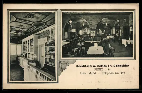 AK Penig i. Sa., Konditorei u. Kaffee Th. Schneider, Nähe Markt, Blick in den Gastraum