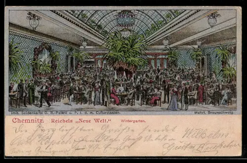 Seiden-Imitations-AK Chemnitz, Restaurant Reichels Neue Welt, Wintergarten