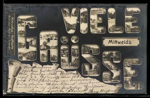 AK Mittweida, Schriftzug Viele Grüsse mit Flusspartie, Brücke und Strassenpartie
