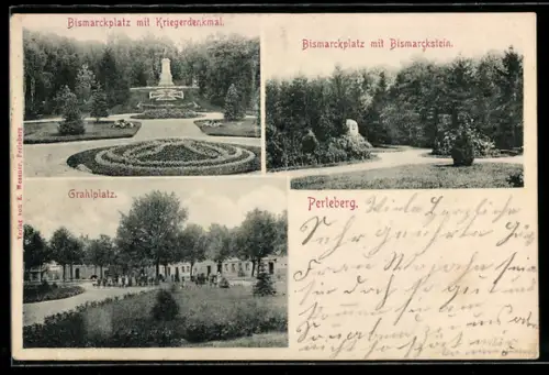 AK Perleberg, Bismarckplatz mit Kriegerdenkmal, Bismarckstein, Grahlplatz