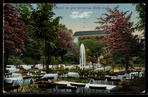 AK Halle a. S., Rötdorn im Bad Wittekind, Gartenlokal, Springbrunnen, Tische