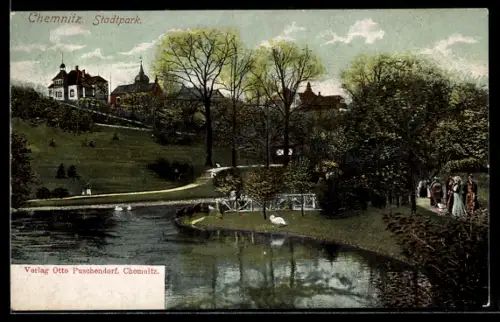 AK Chemnitz, Stadtpark, Teich, Spaziergänger, Villen