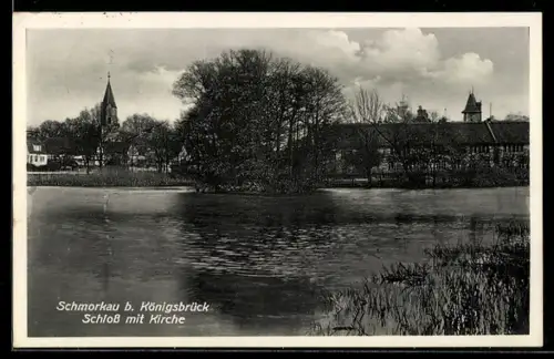 AK Schmorkau b. Königsbrück, Schloss mit Kirche vom Wasser aus