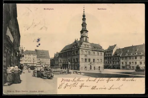 AK Pirna, Marktplatz mit Marktständen, Rathaus