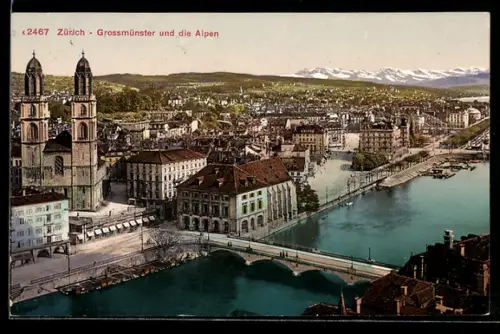 AK Zürich, Grossmünster und die Alpen