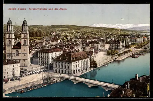 AK Zürich, Grossmünster und die Alpen