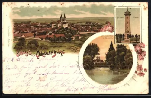 Lithographie Quedlinburg, Totalansicht, Bismarck-Thurm, Itschensteg mit Schloss