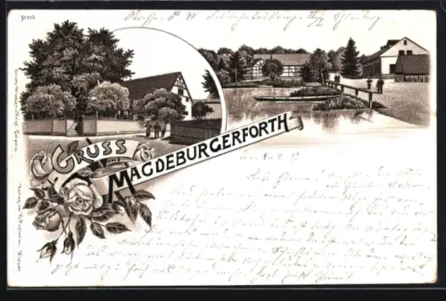 Lithographie Magdeburgerforth, Partie mit Weiher und Häusern