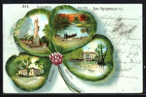 Passepartout-Lithographie Bad Freienwalde a /O., Brunnenhôtel, Papenmühle und Bismarckturm im Kleeblatt