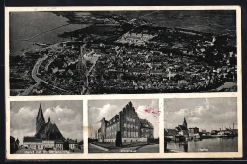 AK Barth a. d. Ostsee, Markt mit St. Marienkirche, Kreishaus, Hafen