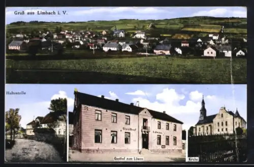 AK Limbach i. V., Gasthof zum Löwen, Kirche, Haltestelle