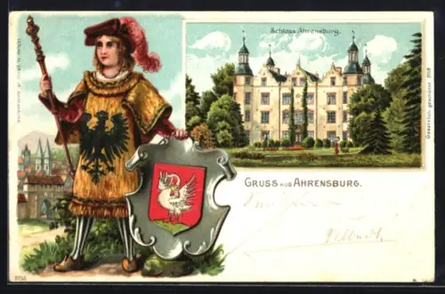 Passepartout-Lithographie Ahrensburg, Schloss Ahrensburg, Herold mit Wappen