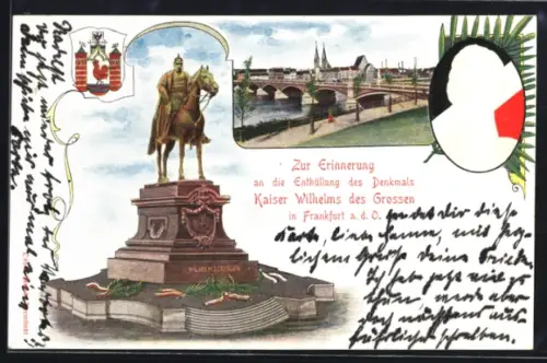 Künstler-AK Frankfurt a. d. O., Enthüllung des Denkmals Kaiser Wilhelm des Grossen, Brücke, Portrait