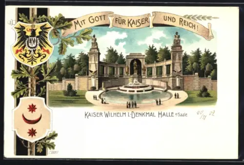 Passepartout-Lithographie Halle a. Saale, Kaiser Wilhelm-Denkmal, Wappen