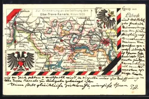 AK Lübeck, Wappen und Landkarte, Zur Eröffnung des Elbe-Trave-Kanals, 16.6.1900
