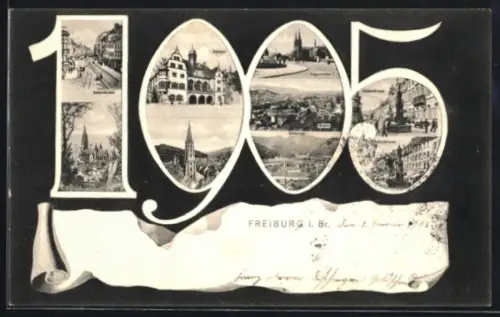 AK Freiburg i. Br., Jahreszahl 1905 mit Rathaus, Kaiserstrasse und Günterstal
