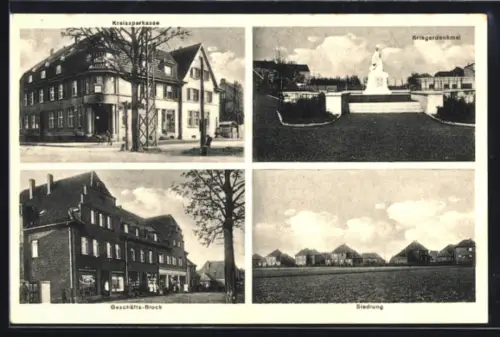 AK Neukirchen-Vluyn, Geschäfts-Block, Kreissparkasse, Kriegerdenkmal