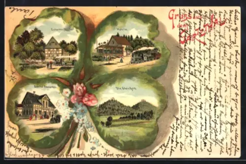 Passepartout-Lithographie Diemarden, Gasthaus Eichenkrug im Gartethal, Waterloo und Bahnhof im Kleeblatt