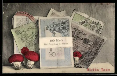 AK Glückliches Neujahr, Banknoten und Pilze