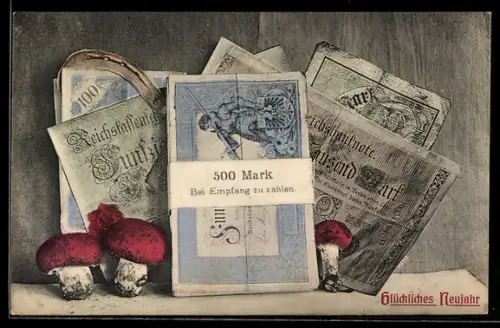 AK Glückliches Neujahr, Banknoten und Pilze