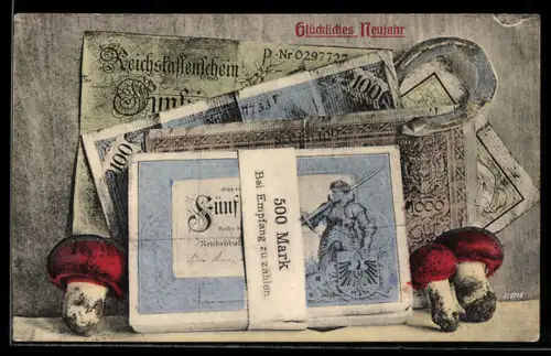 AK Neujahr, Reichskassenschein, Pilze, Hufeisen