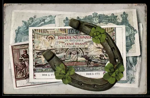 AK Belgische Geldscheine mit Kleeblättern und Hufeisen
