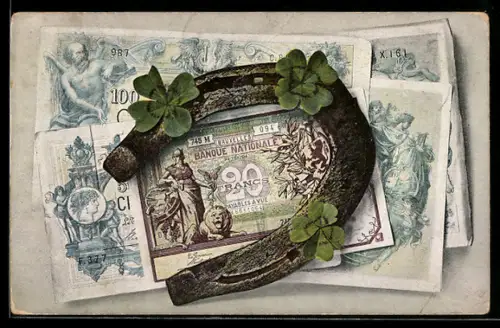 AK Geldscheine Zwanzig, Hundert Francs, mit Hufeisen und Kleeblättern